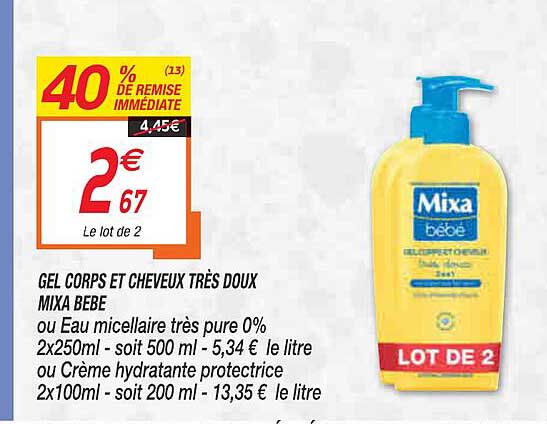 gel corps et cheveux très doux mixa bebe 40% de remise immédiate