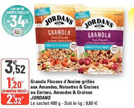 granola flocons d'avoine grillés aux amandes noisettes & graines ou cerises amandes & graines jordans