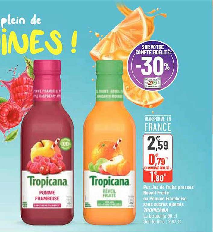 pur jus de fruits pressés réveil fruité ou pomme framboise sans sucres ajoutés tropicana