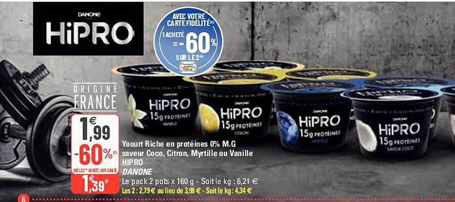 yaourt riche en protéines 0% m.g. saveur coco citron myrtille ou vanille hipro danone