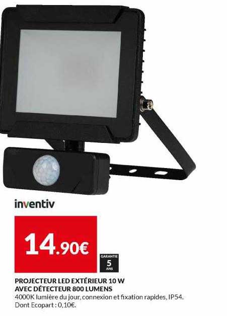 projecteur led extérieur 10w avec détecteur 800 lumens inventiv