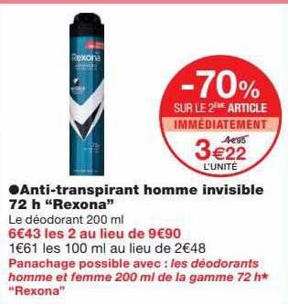 anti-transpirant homme invisible 72h "rexona"
