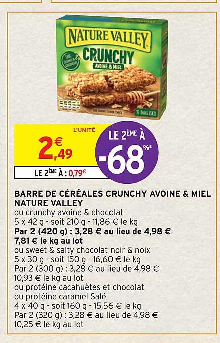 barre de céréales crunchy avoine & miel nature valley