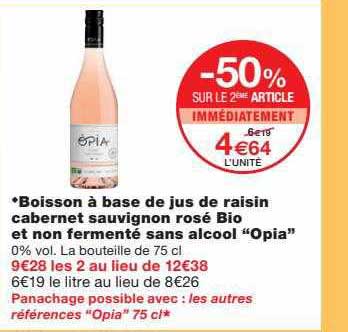 boisson à base de jus de raisin cabernet sauvignon rosé bio et non fermenté sans alcool "opia"