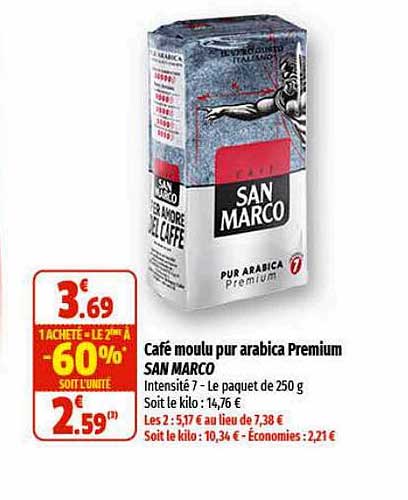 café moulu pur arabica premium san marco 1 acheté = le 2ème à -60%