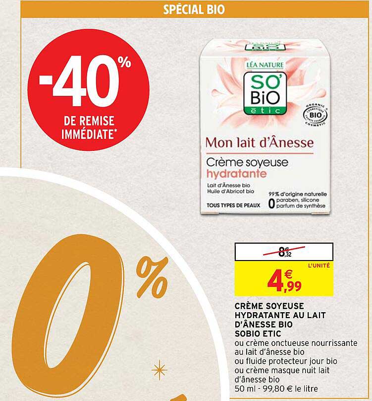 crème soyeuse hydratante au lait d'ânesse bio sobio etic -40% de remise immédiate