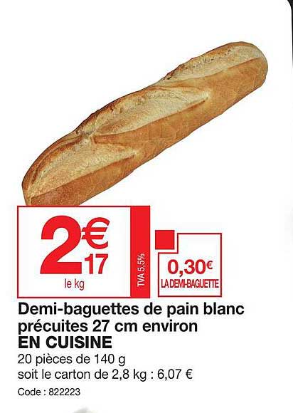 demi-baguettes de pain blanc précuites 27 cm environ en cuisine