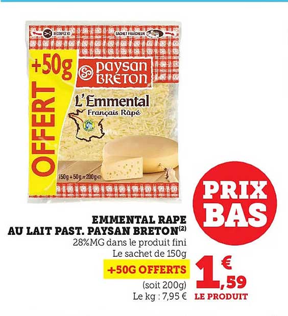 emmental râpé au lait past, paysan breton