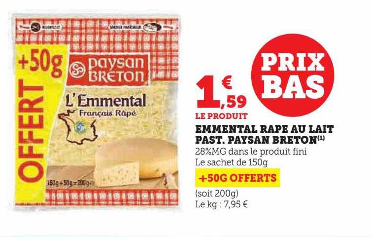 emmental râpé au lait pasteurisé paysan breton