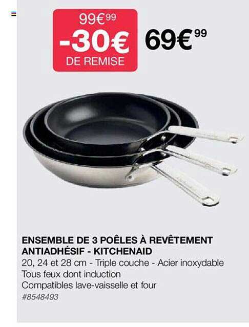 ensemeble de 3 poêles à revêtement antiadhésif - kitchenaid