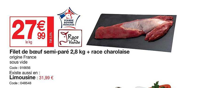filet de bœuf semi-paré + race charolaise ou limousine