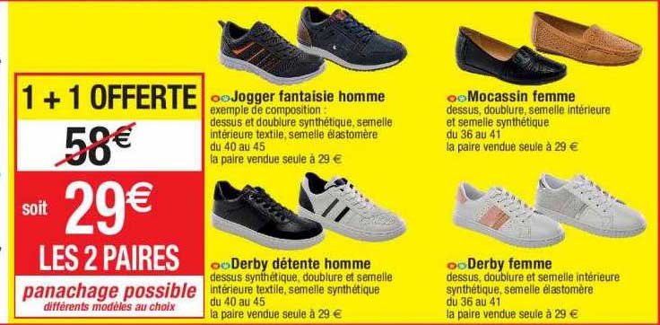 jogger fantaisie homme, mocassin femme, derby détente homme, derby femme