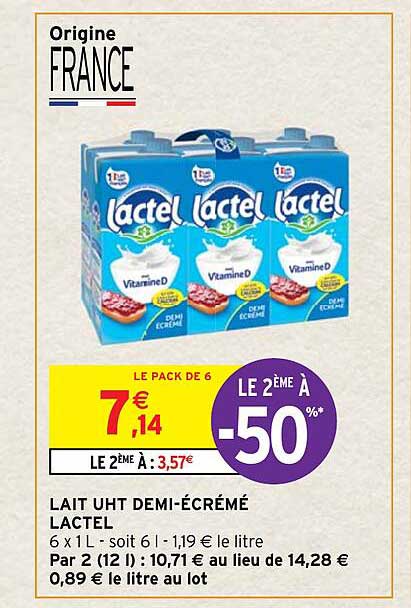 lait uht demi-écrémé lactel le 2ème à -50%