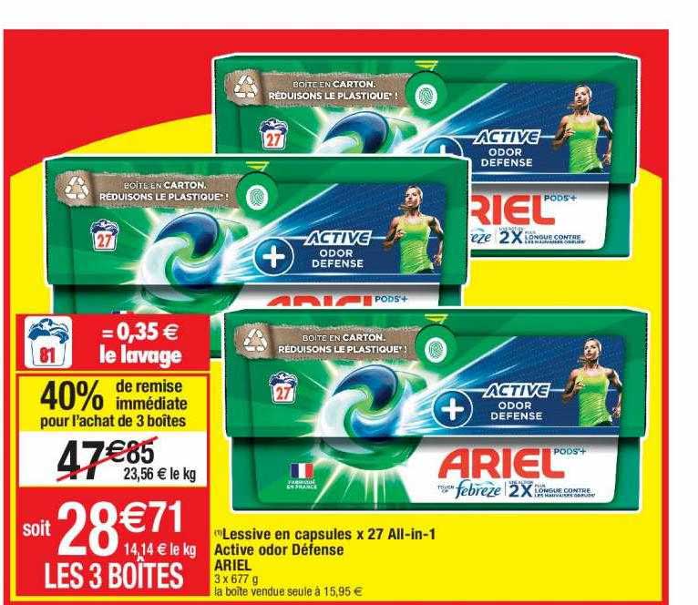 lessive en capsules x27 all-in-1 active odor défense ariel