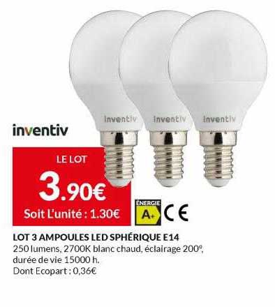 lot 3 ampoules led sphérique e14 inventiv