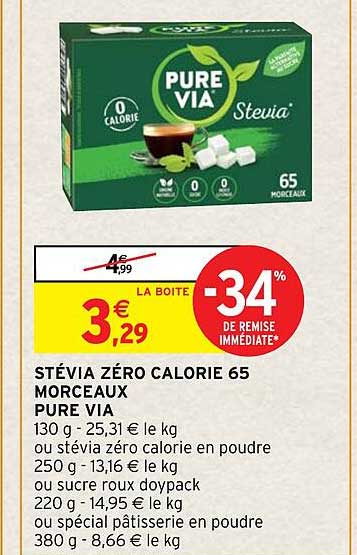 stévia zéro calorie 65 morceaux pure via