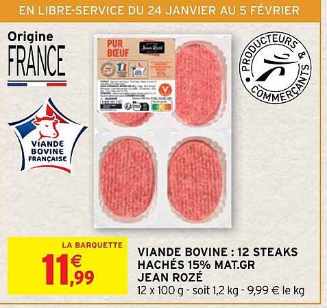 viande bovine : 12 steaks hachés 15% mat. gr. jean rozé