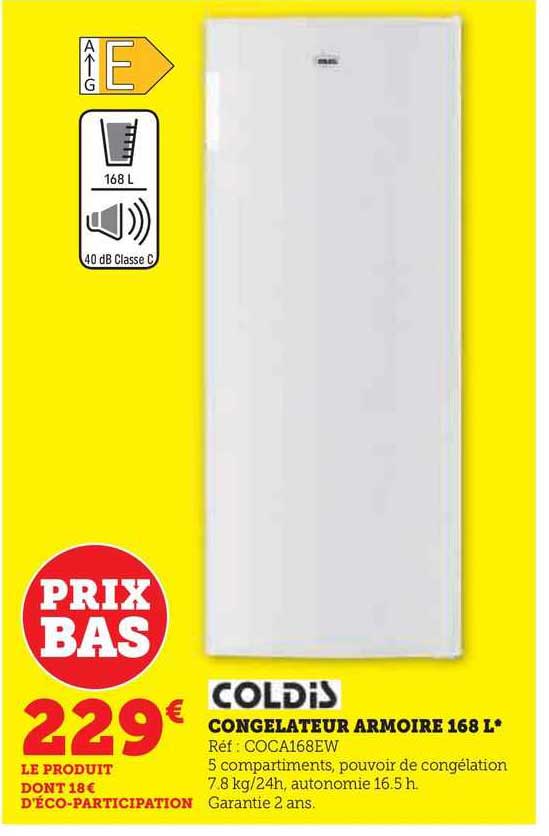 congélateur armoire 168 l coldis