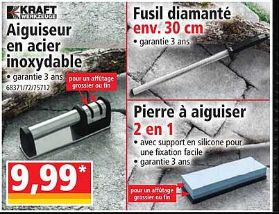 aiguiseur en acier inoxydable kraft werkzeuge, fusil diamanté env. 30 cm, pierre à aiguiser 2 en 1