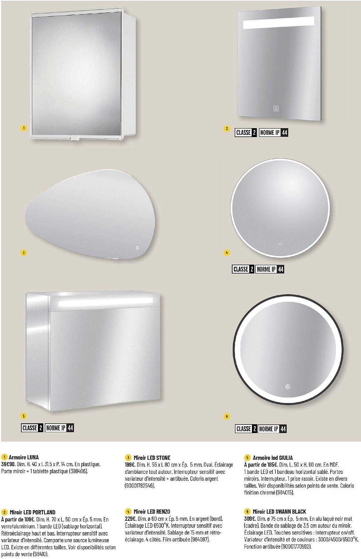 armoire luna, miroir led portland, miroir led stone, miroir led renzo, armoire led giulia, miroir led swann black