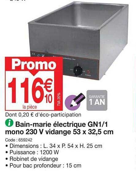bain-marie électrique gn1/1 mono 230 v vidange 53 x 32,5 cm