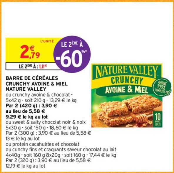 barre de céréales crunchy avoine & miel nature valley