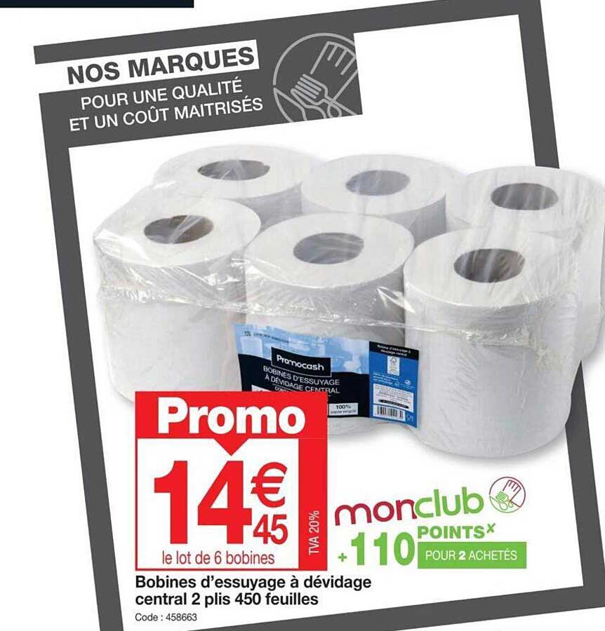 Bobines D'essuyage à Dévidage Central 2 Plis 450 Feuilles