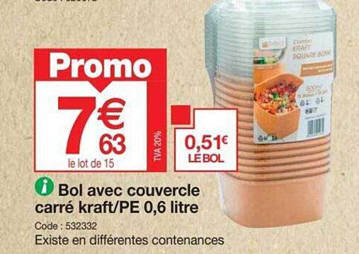 bol avec couvercle carré kraft/pe 0,6 litre