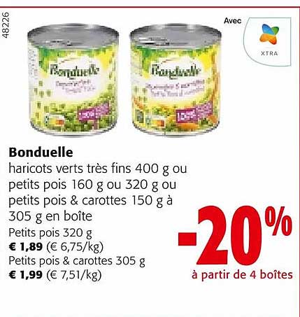 bonduelle haricots verts très fins, ou petits pois, ou petits pois & carottes