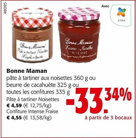 bonne maman pâte à tartiner aux noisettes ou beurre de cacahuète ou confitures