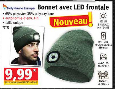 bonnet avec led frontale polyflame europe
