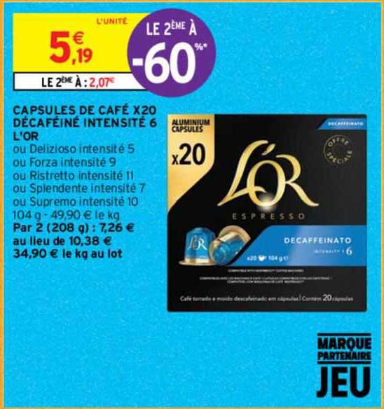 capsules de café x20 décaféiné intensité 6 l'or