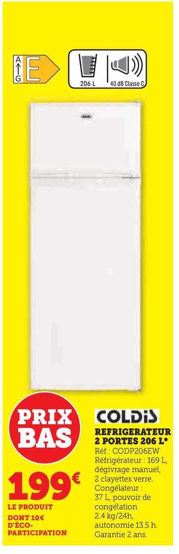 coldis réfrigerateur 2 portes 206 l