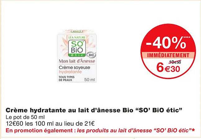 crème hydratante au lait d'ânesse bio "so"bio étic"