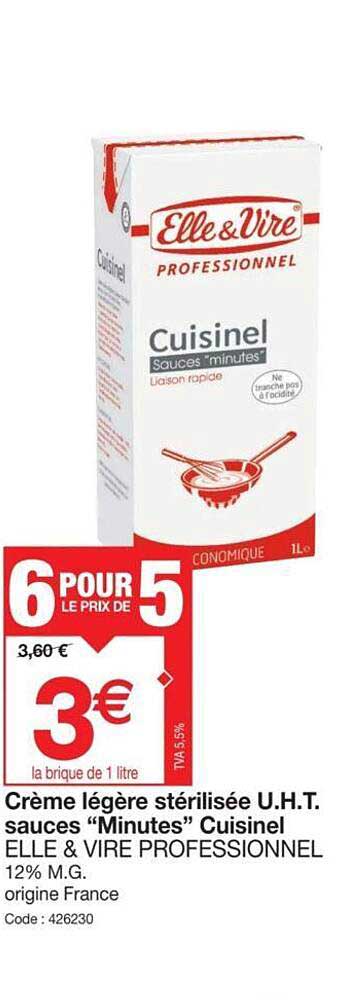 crème légère stérilisée u.h.t. sauces "minutes" cuisinel elle & vire professionnel