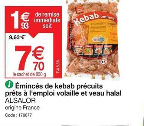 émincés de kebab précuits prêts à l'emploi volaille et veau halal alsalor