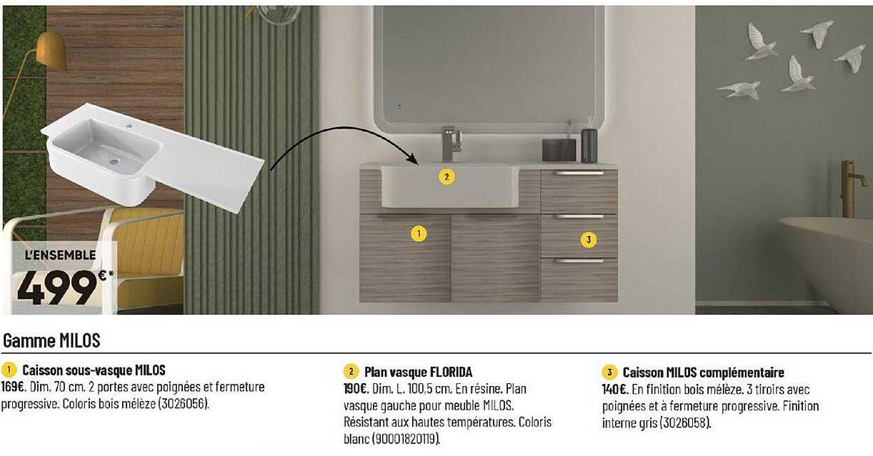 gamme milos : caisson sous-vasque milos, plan vasque florida, caisson milos complémentaire