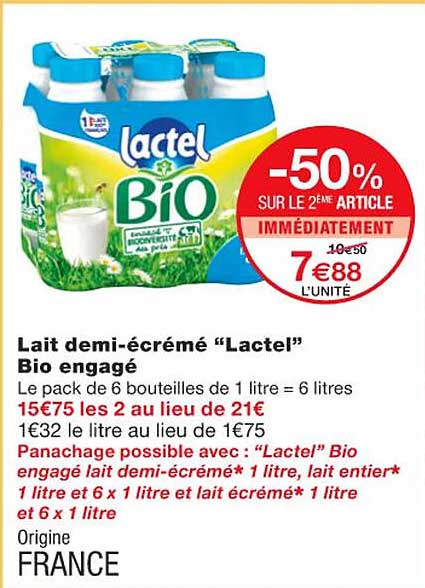 lait demi-écrémé "lactel" bio engagé