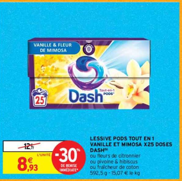 lessive pods tout en 1 vanille et mimosa x25 doses dash