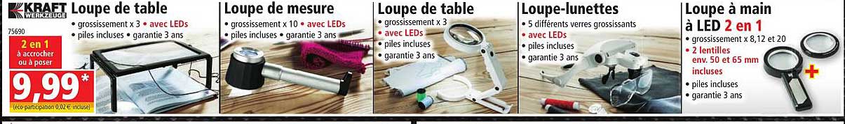 loupe de table kraft werkzeuge, loupe de mesure, loupe-lunettes, loupe à main à led 2 en 1
