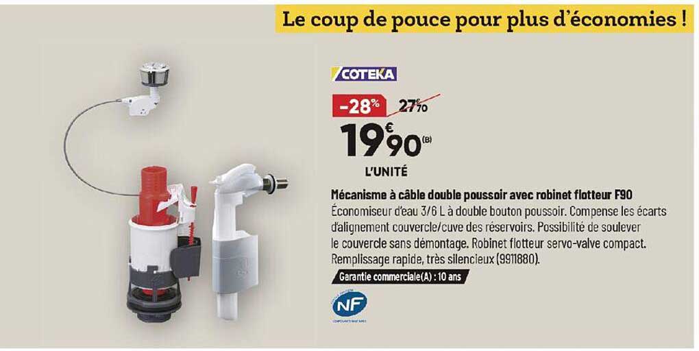 mécanisme à câble douche poussoir avec robinet flotteur f90 coteka