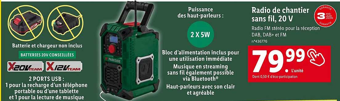 Radio De Chantier Sans Fil 20 V