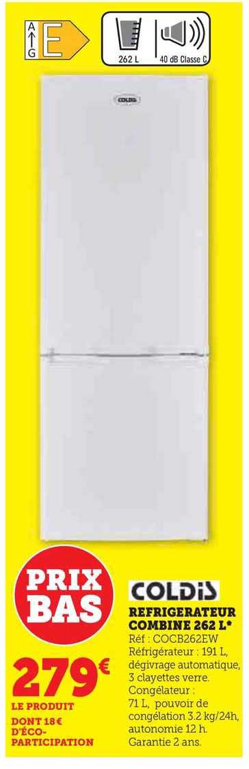 réfrigérateur combiné 262 l coldis