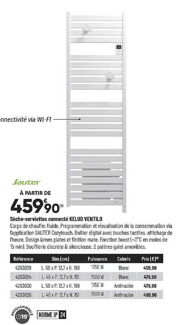 Sèche-serviettes Connecté Kelud Ventilo Sauter