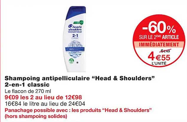 shampoing antipelliculaire "head & shoulders" 2-en-1 classic