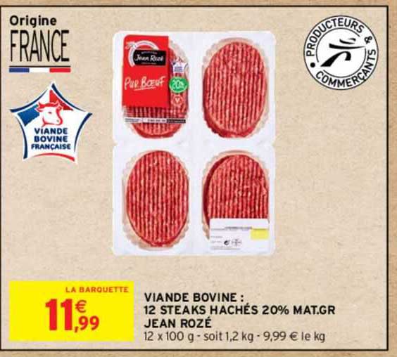 viande bovine : 12 steaks hachés 20% mat. gr. jean rozé