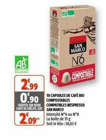 10 capsules de café bio compostables compatibles nespresso san marco