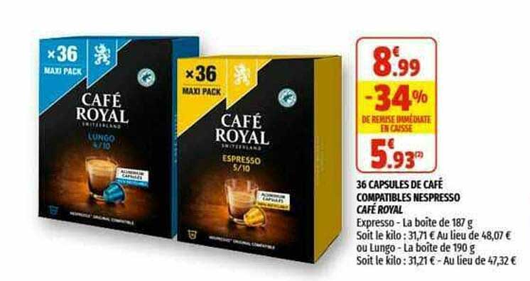 36 capsules de café compatibles nespresso café royal