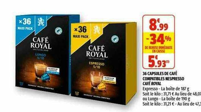36 capsules de café compatibles nespresso café royal