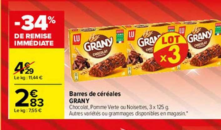 barres de céréales grany -34% remise immédiate